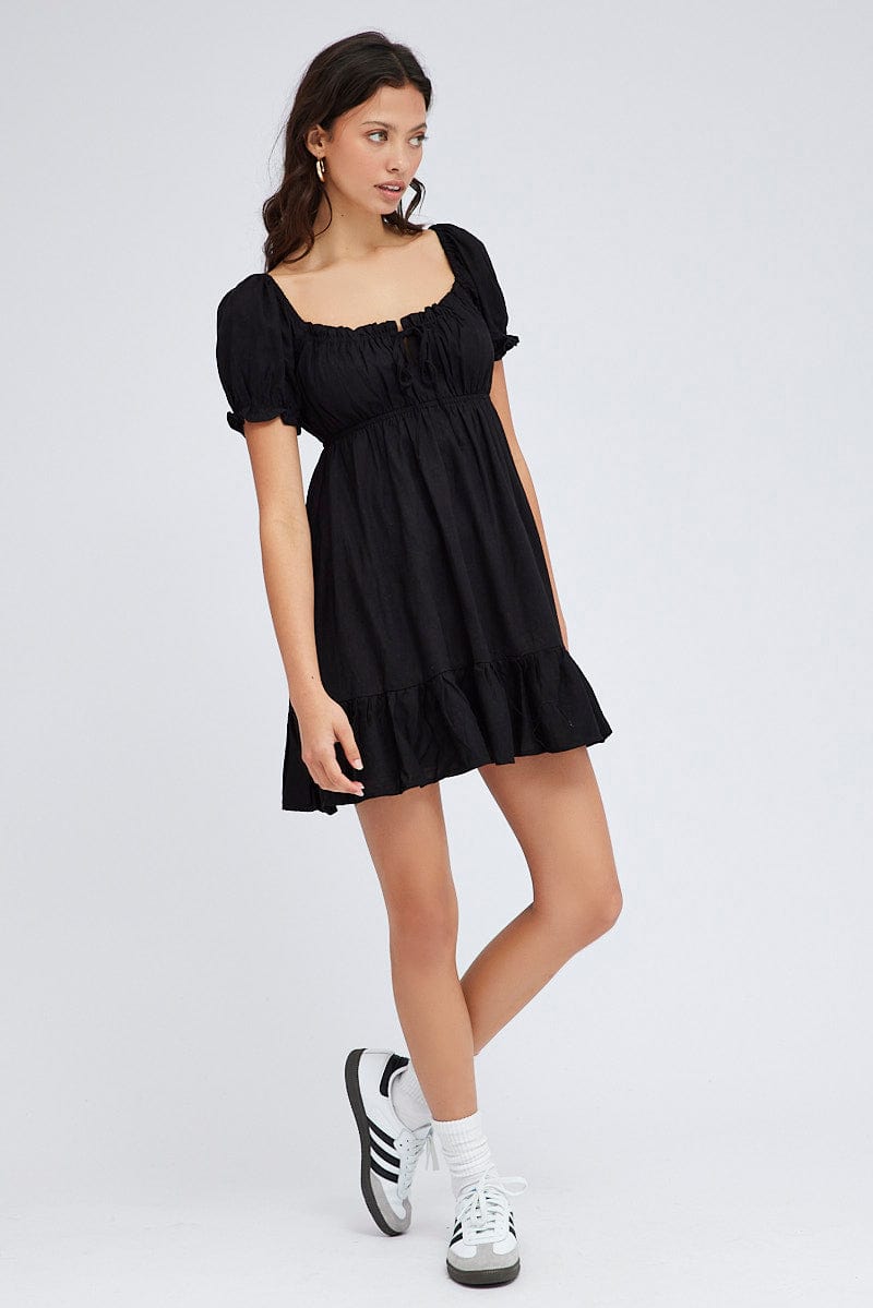 Black Fit And Flare Dress Puff Sleeve Mini for Ally Fashion