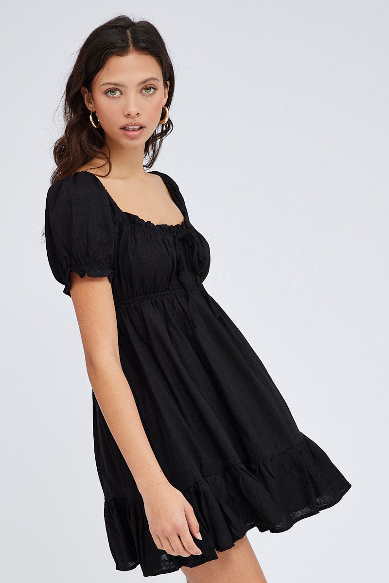 Black Fit And Flare Dress Puff Sleeve Mini | Ally Fashion