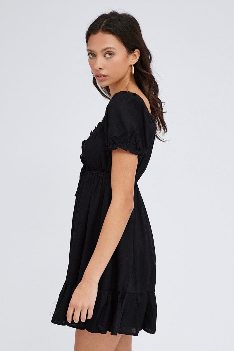 Black Fit And Flare Dress Puff Sleeve Mini for Ally Fashion