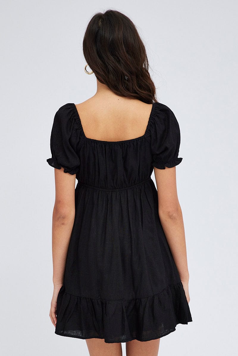 Black Fit And Flare Dress Puff Sleeve Mini for Ally Fashion