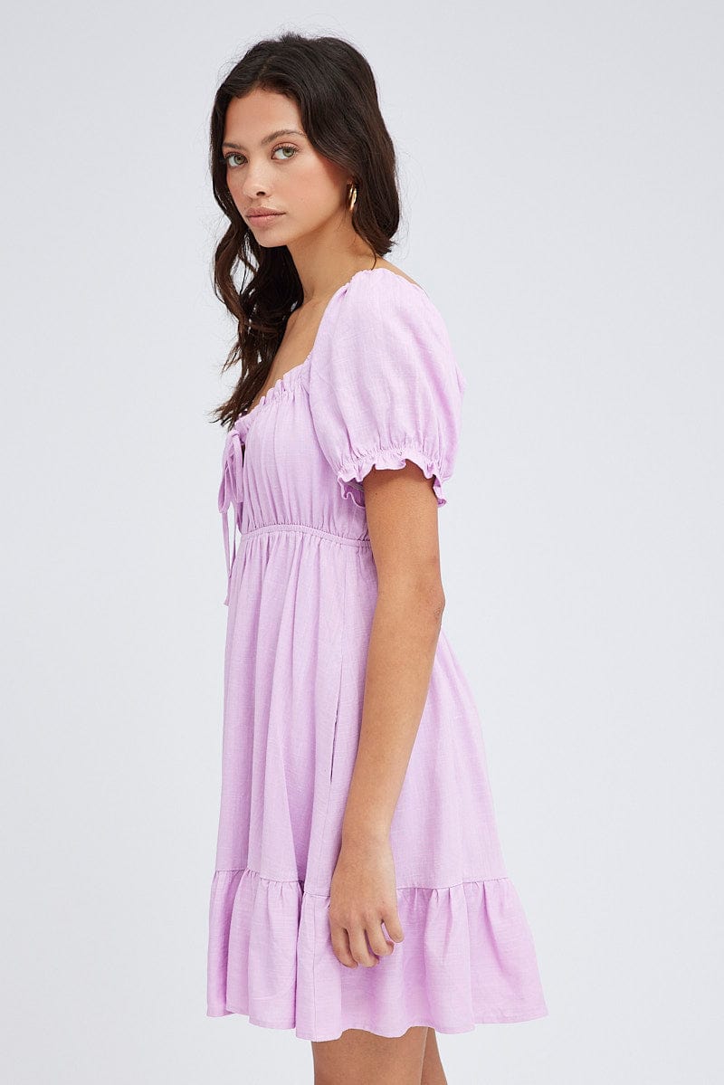Pink Fit And Flare Dress Puff Sleeve Mini | Ally Fashion