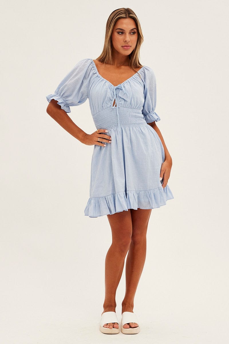 Blue Mini Dress Fit & Flare Puff Sleeve V-Neck for Ally Fashion