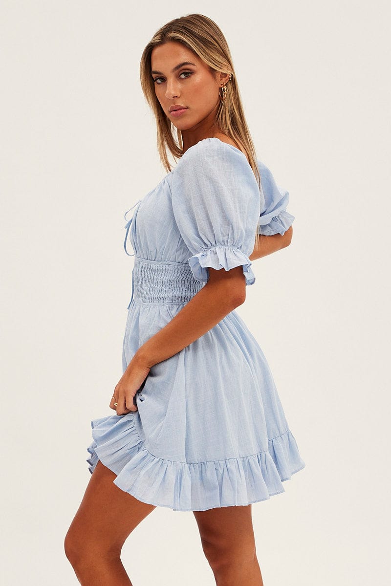 Blue Mini Dress Fit & Flare Puff Sleeve V-Neck for Ally Fashion