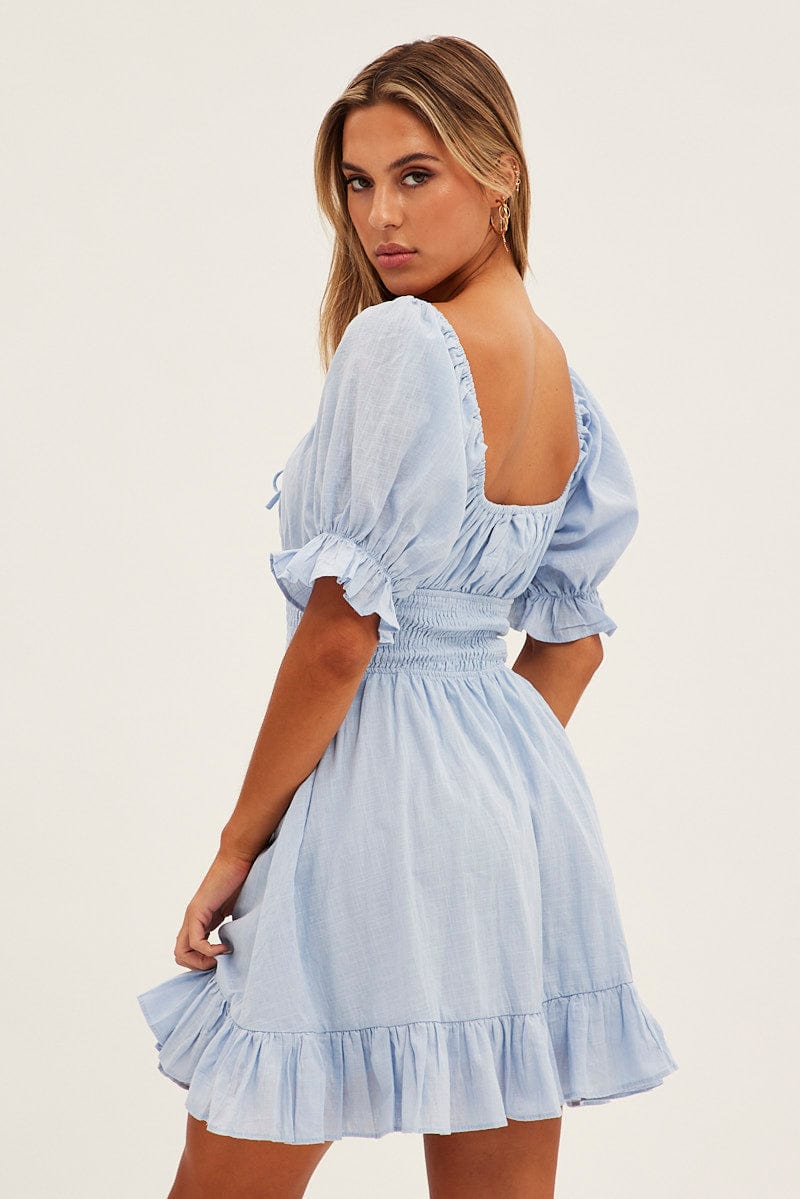 Blue Mini Dress Fit & Flare Puff Sleeve V-Neck for Ally Fashion