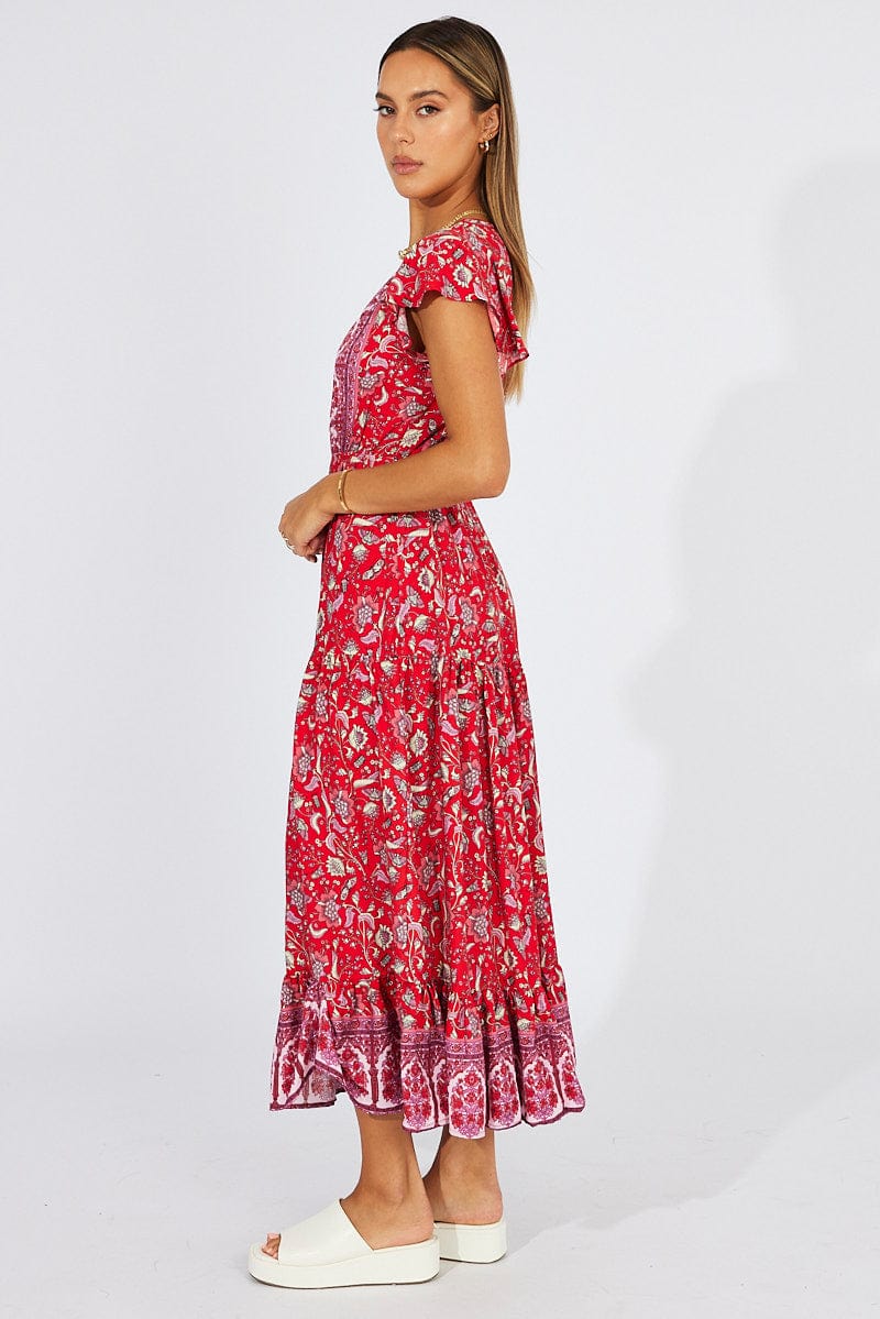 Red Boho Maxi Dress Short Sleeve for Ally Fashion