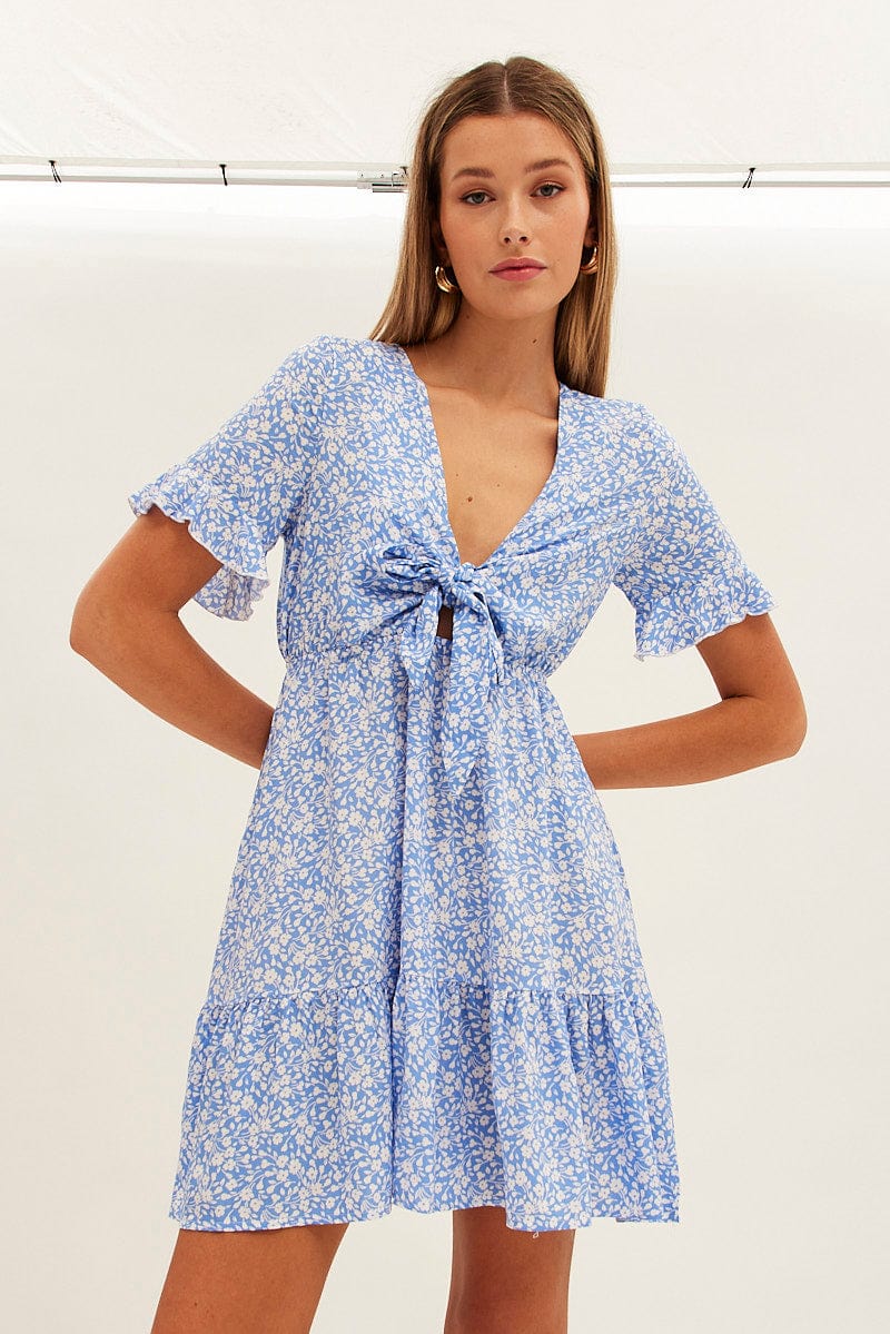 Blue Floral Tie Front Mini Skater Dress for Ally Fashion