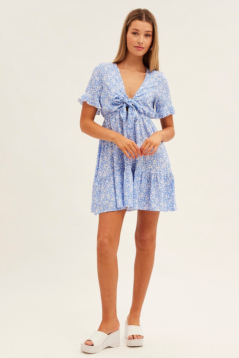 Blue Floral Tie Front Mini Skater Dress for Ally Fashion