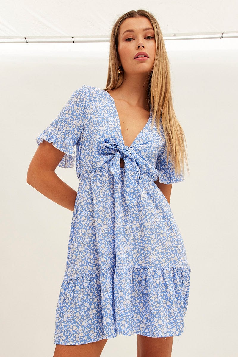 Blue Floral Tie Front Mini Skater Dress for Ally Fashion