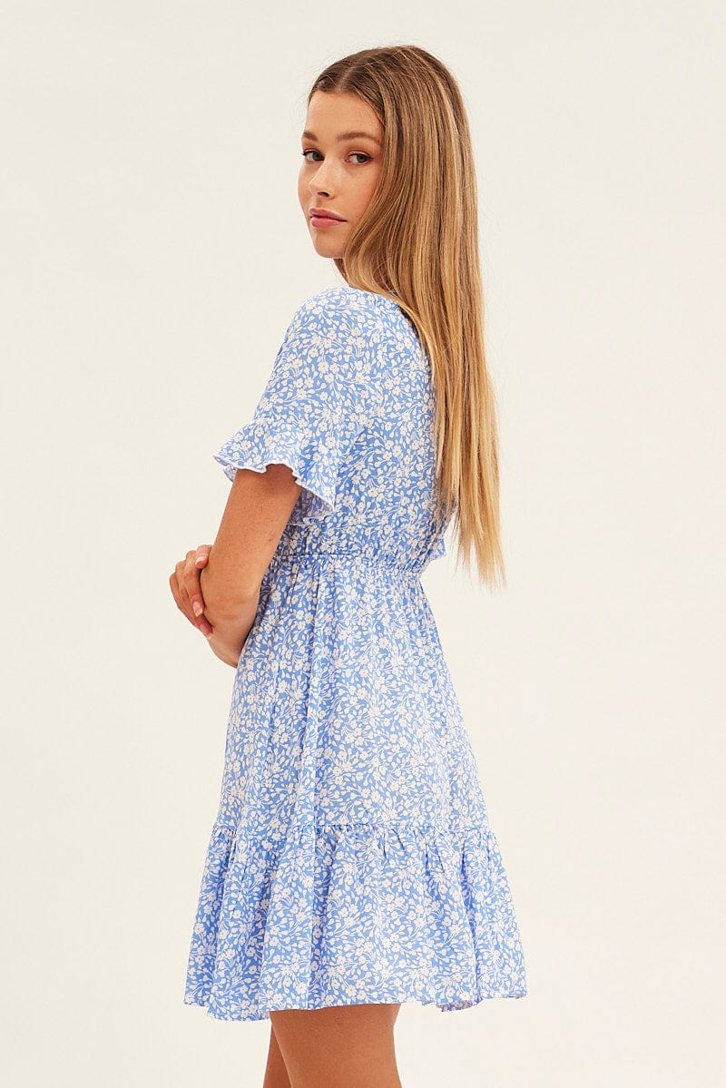 Blue Floral Tie Front Mini Skater Dress for Ally Fashion