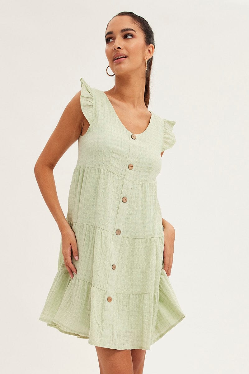 Green Button Front Mini Swing Dress for Ally Fashion