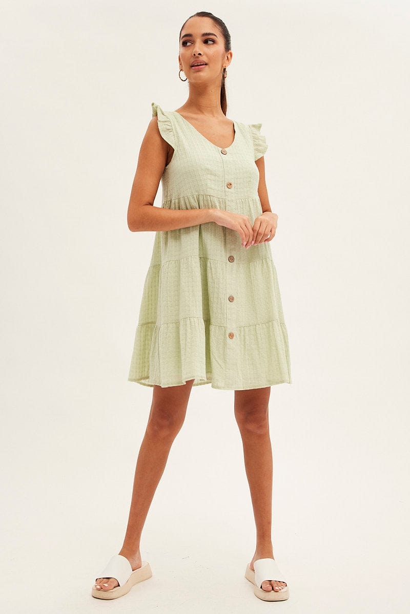 Green Button Front Mini Swing Dress for Ally Fashion