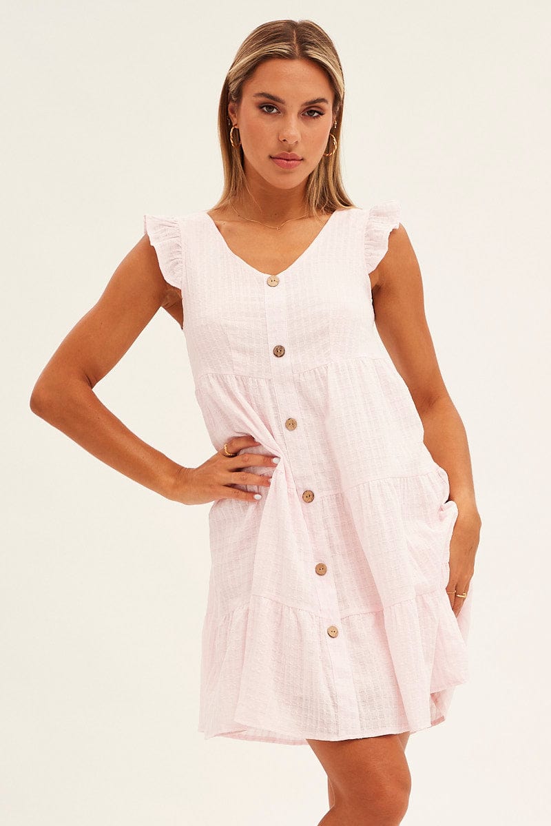 Pink Button Front Mini Swing Dress for Ally Fashion