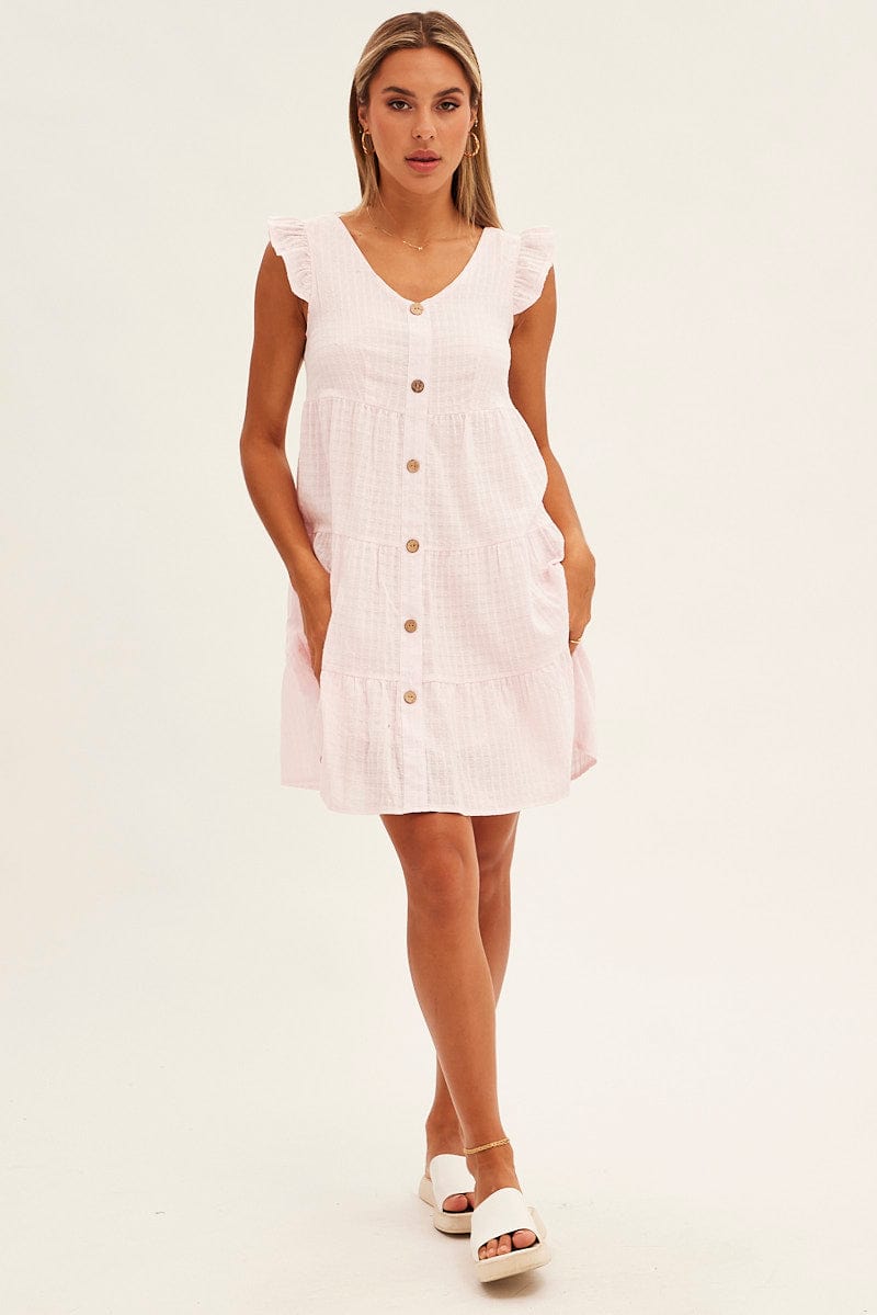 Pink Button Front Mini Swing Dress for Ally Fashion