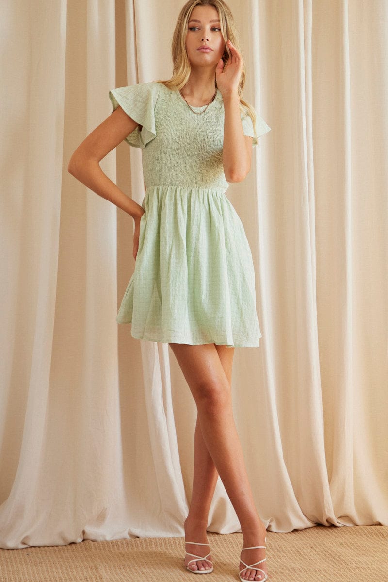 Green Shirred Skater Mini Dress for Ally Fashion