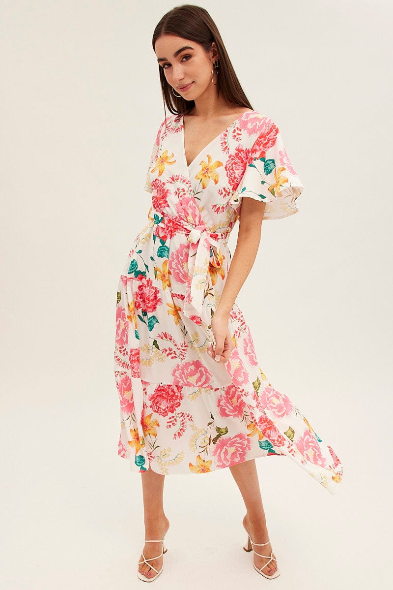 White Floral Tie Waist Tiered Midi Dress | Ally Fashion