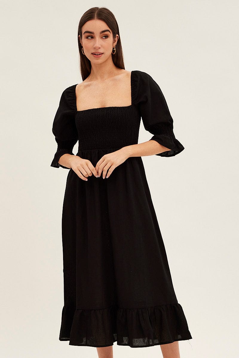 Black Puff Sleeve Shirred Tiered Midi Dress for Ally Fashion