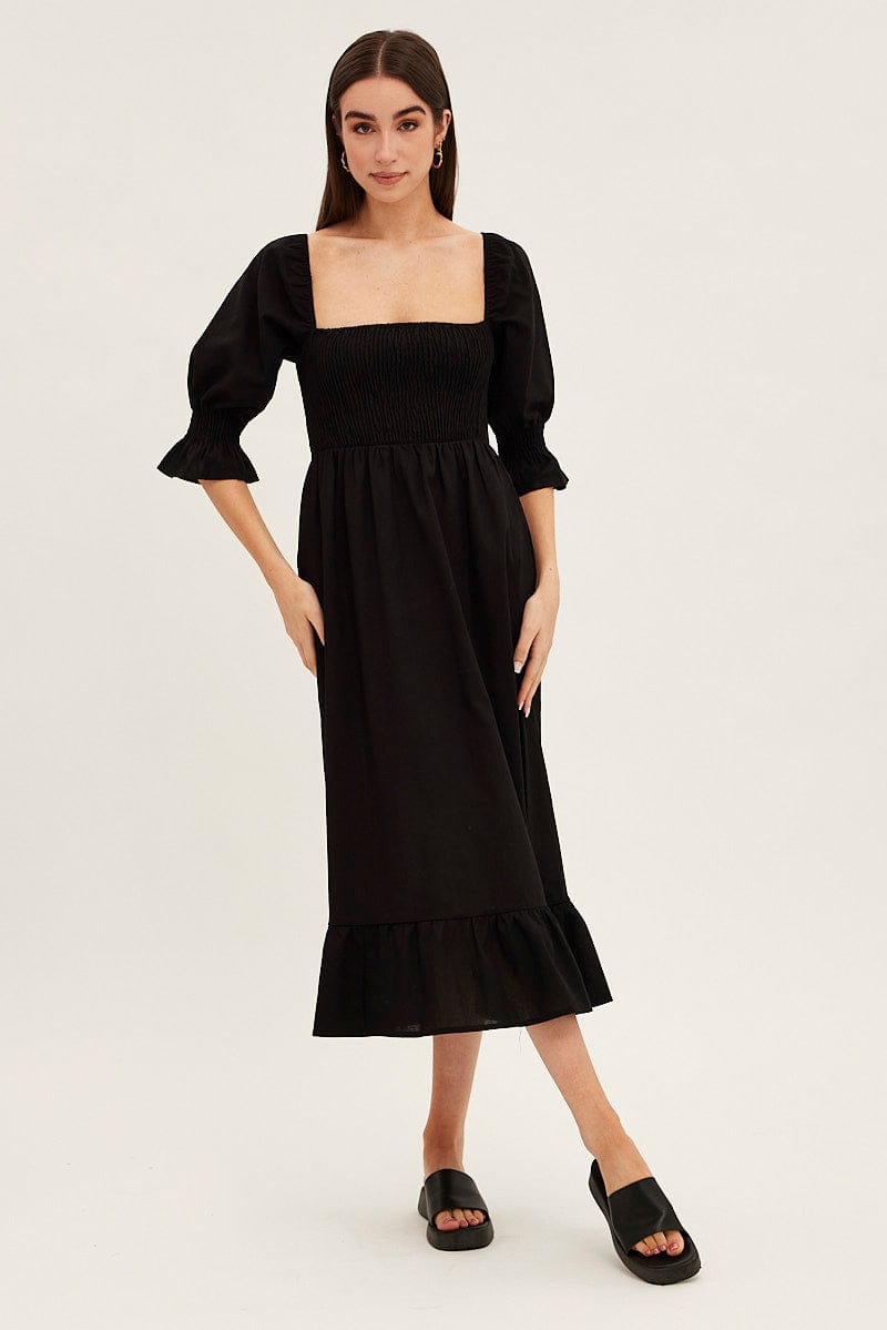 Black Puff Sleeve Shirred Tiered Midi Dress for Ally Fashion