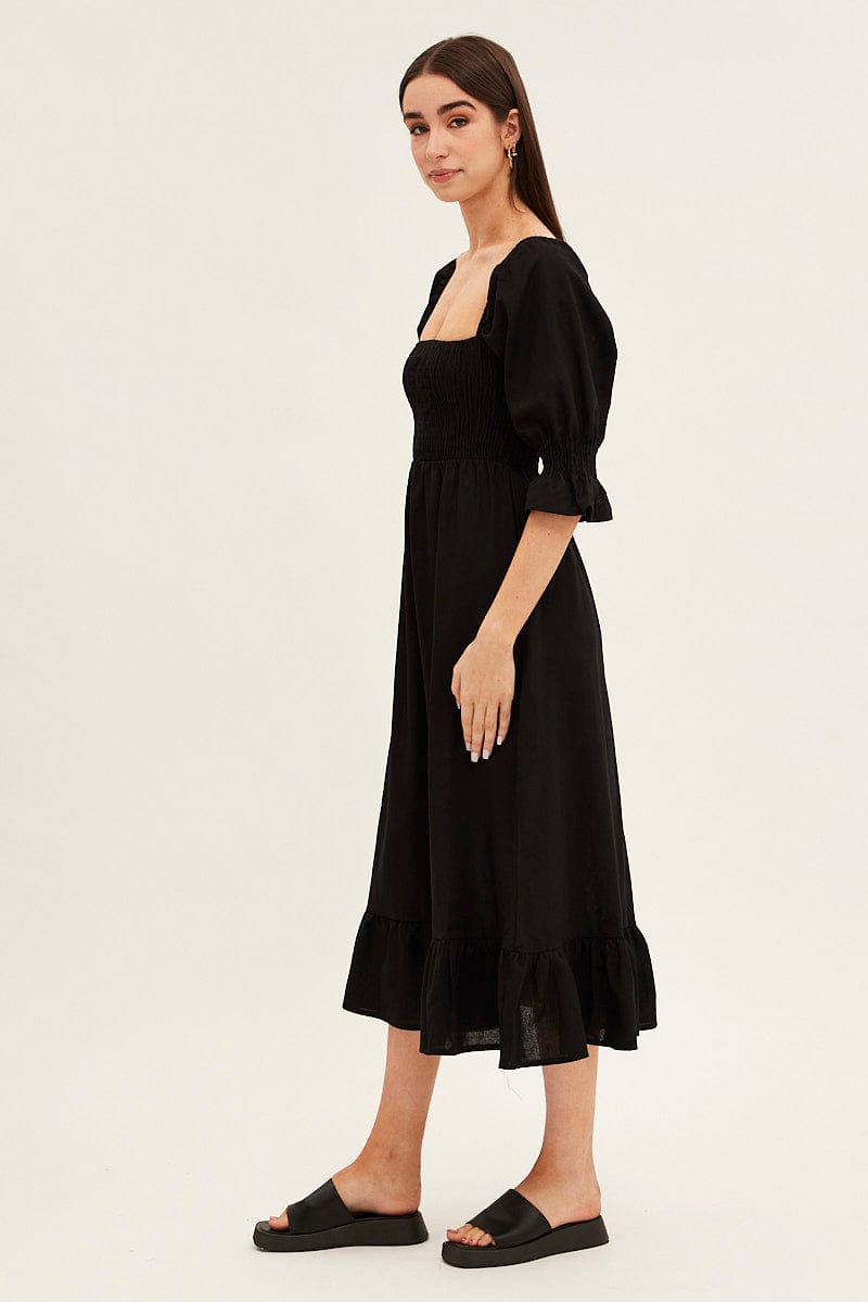 Black Puff Sleeve Shirred Tiered Midi Dress for Ally Fashion