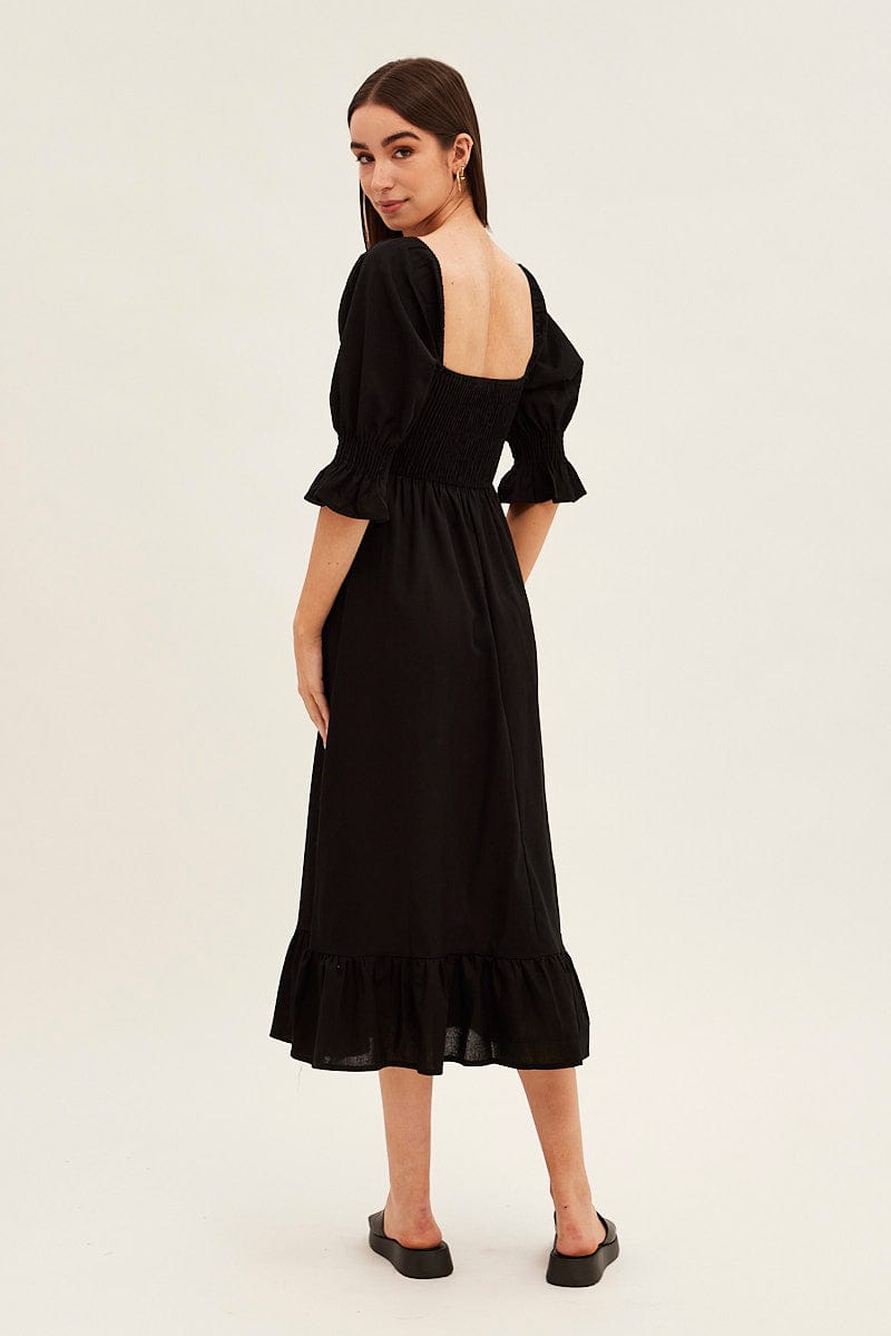 Black Puff Sleeve Shirred Tiered Midi Dress for Ally Fashion