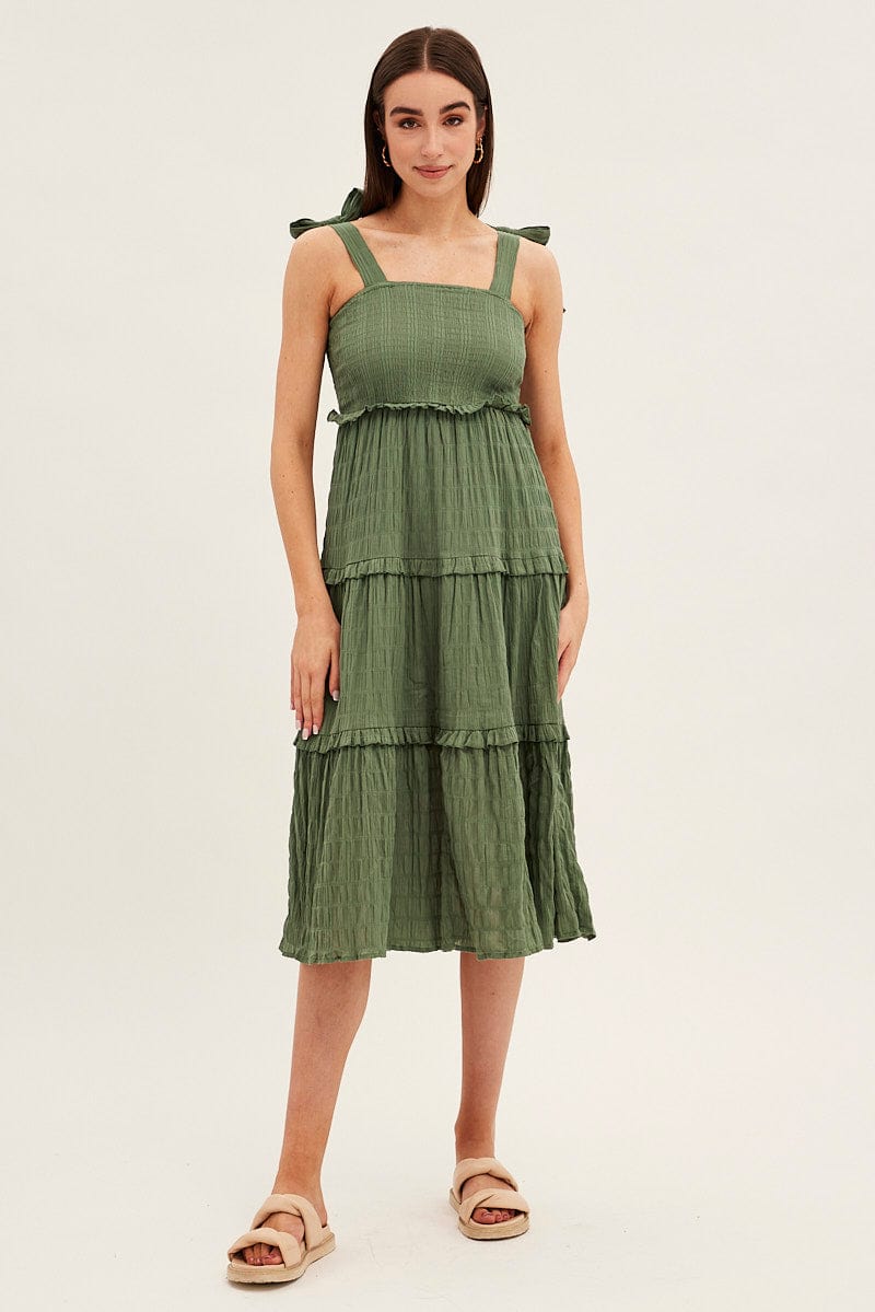 Green Midi Dress Sleeveless Shirred Texture Cotton for Ally Fashion