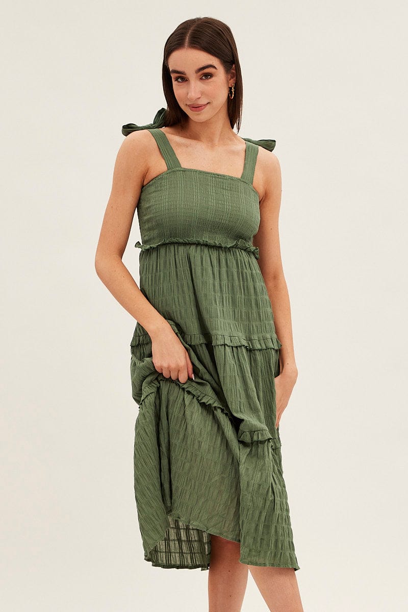 Green Midi Dress Sleeveless Shirred Texture Cotton for Ally Fashion