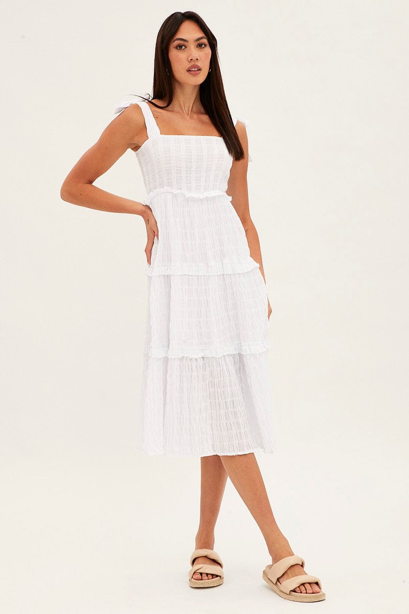 White Midi Dress Sleeveless Shirred Texture Cotton for Ally Fashion