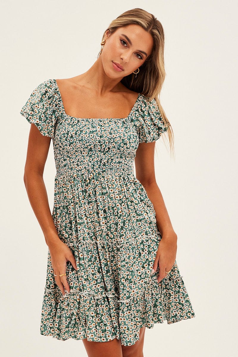 Green Floral Skater Dress for Ally Fashion
