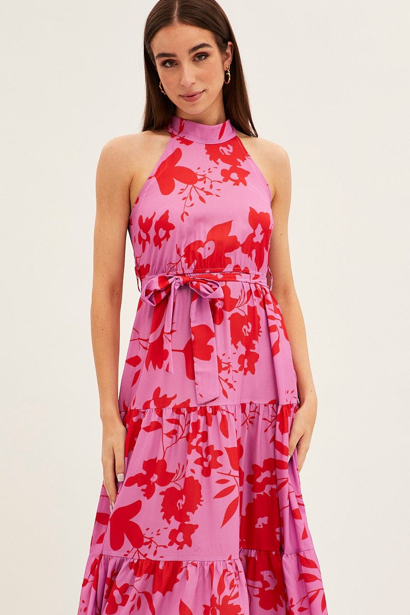 Pink Floral Halter Neck Floral Maxi Dress for Ally Fashion