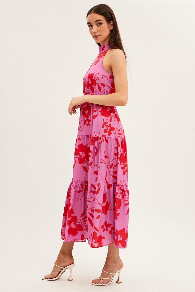 Pink Floral Halter Neck Floral Maxi Dress for Ally Fashion