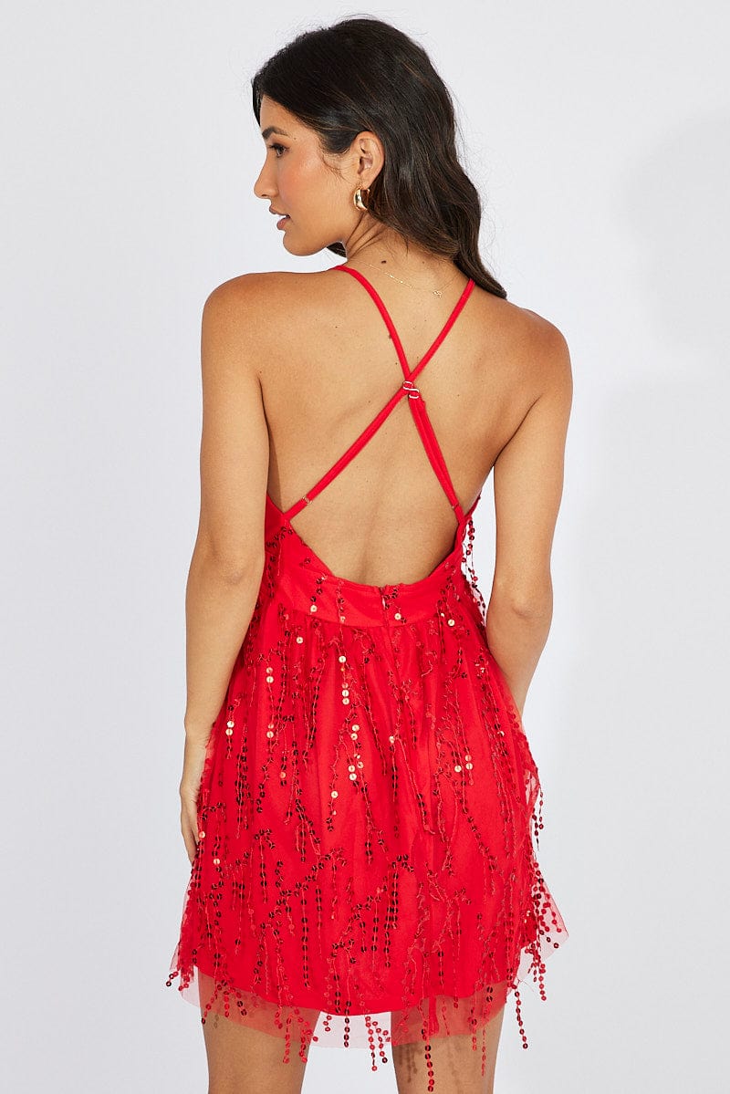 Red Sequin Mini Dress Sleeveless for Ally Fashion