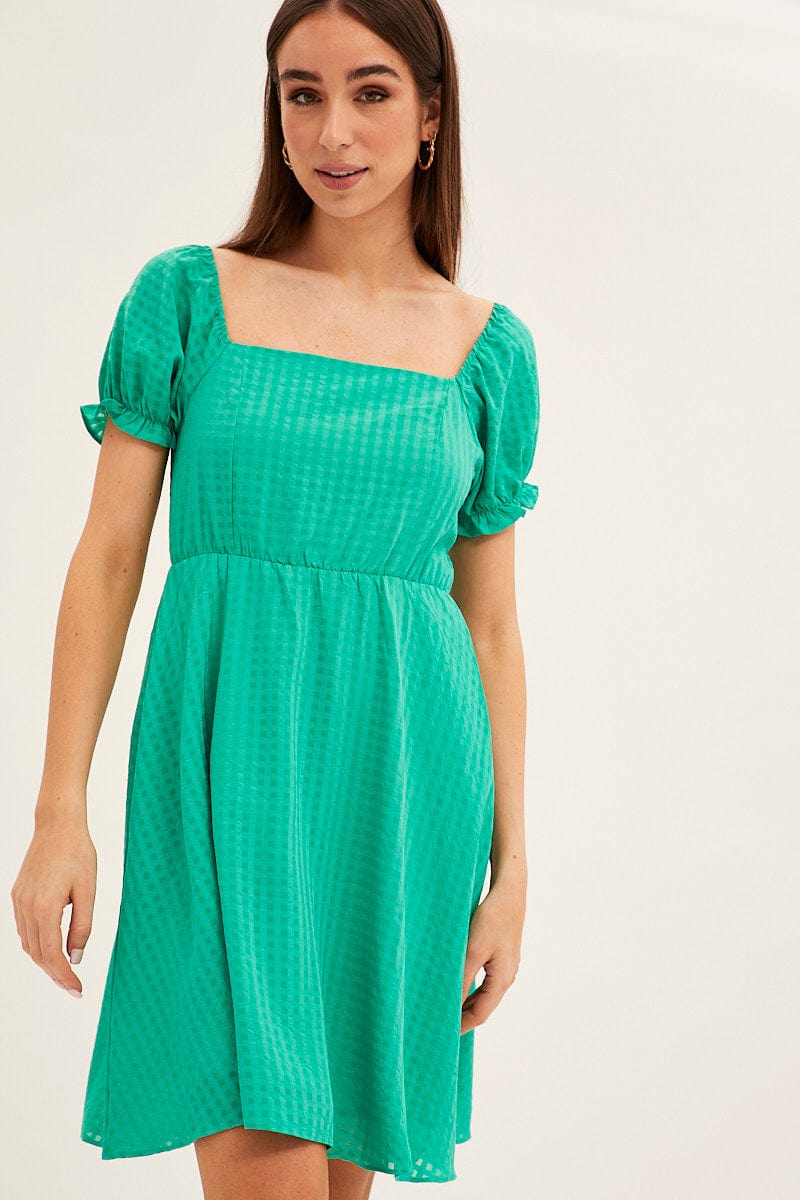 Green Square Neck Puff Sleeve Skater Dress for Ally Fashion