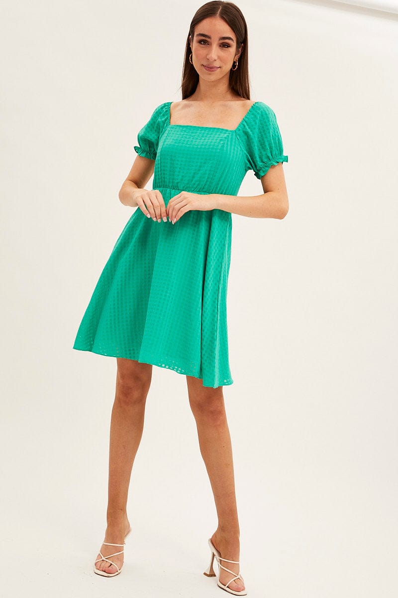 Green Square Neck Puff Sleeve Skater Dress for Ally Fashion