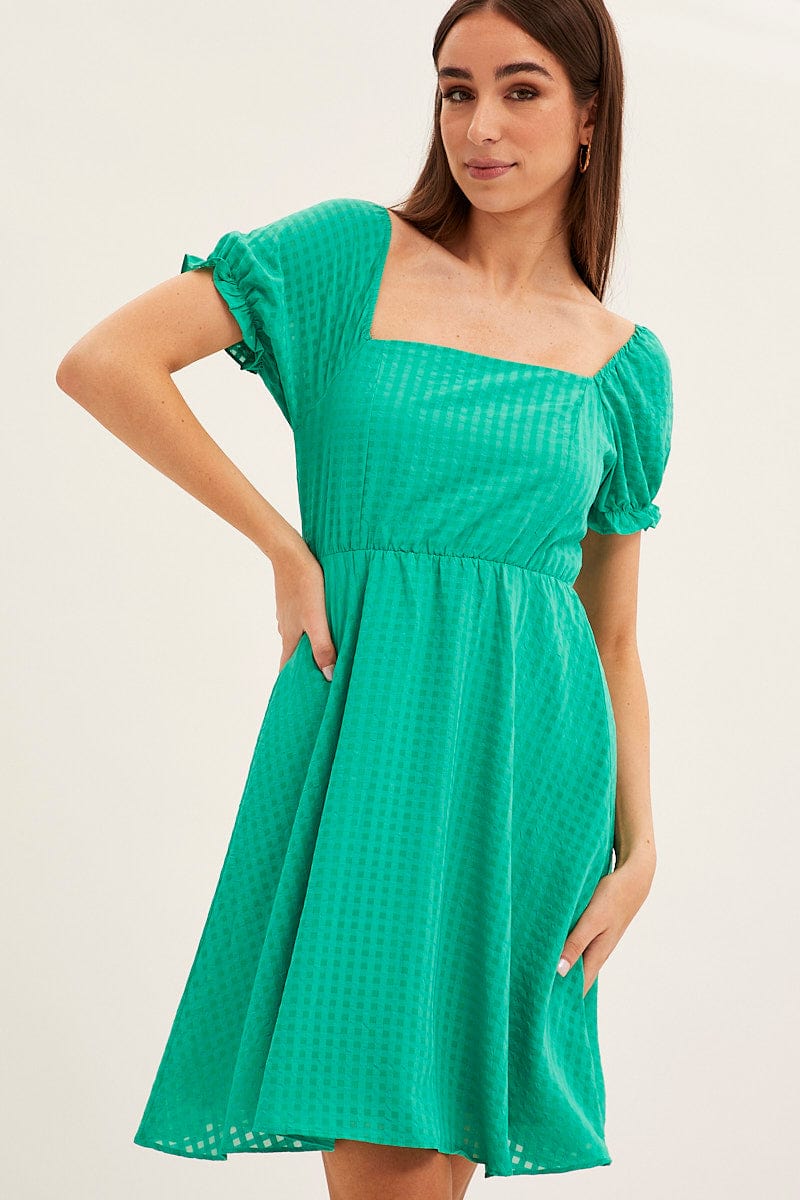 Green Square Neck Puff Sleeve Skater Dress for Ally Fashion