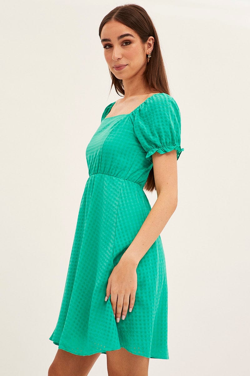 Green Square Neck Puff Sleeve Skater Dress for Ally Fashion