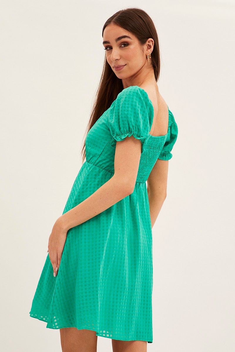 Green Square Neck Puff Sleeve Skater Dress for Ally Fashion