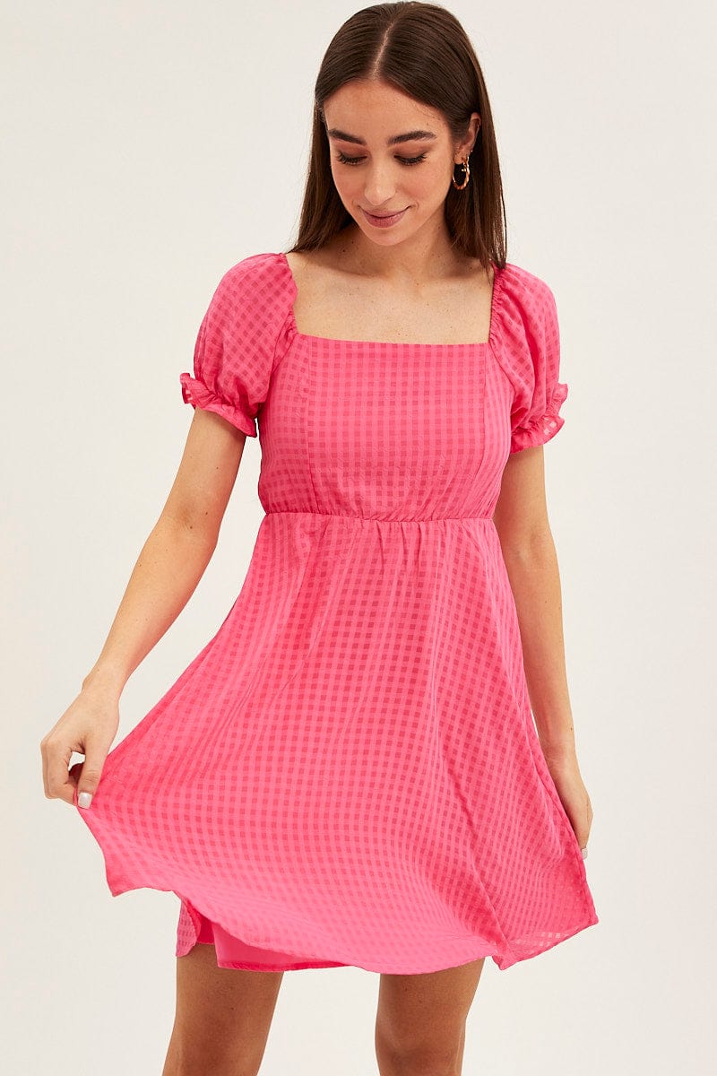 Pink Square Neck Puff Sleeve Skater Dress for Ally Fashion