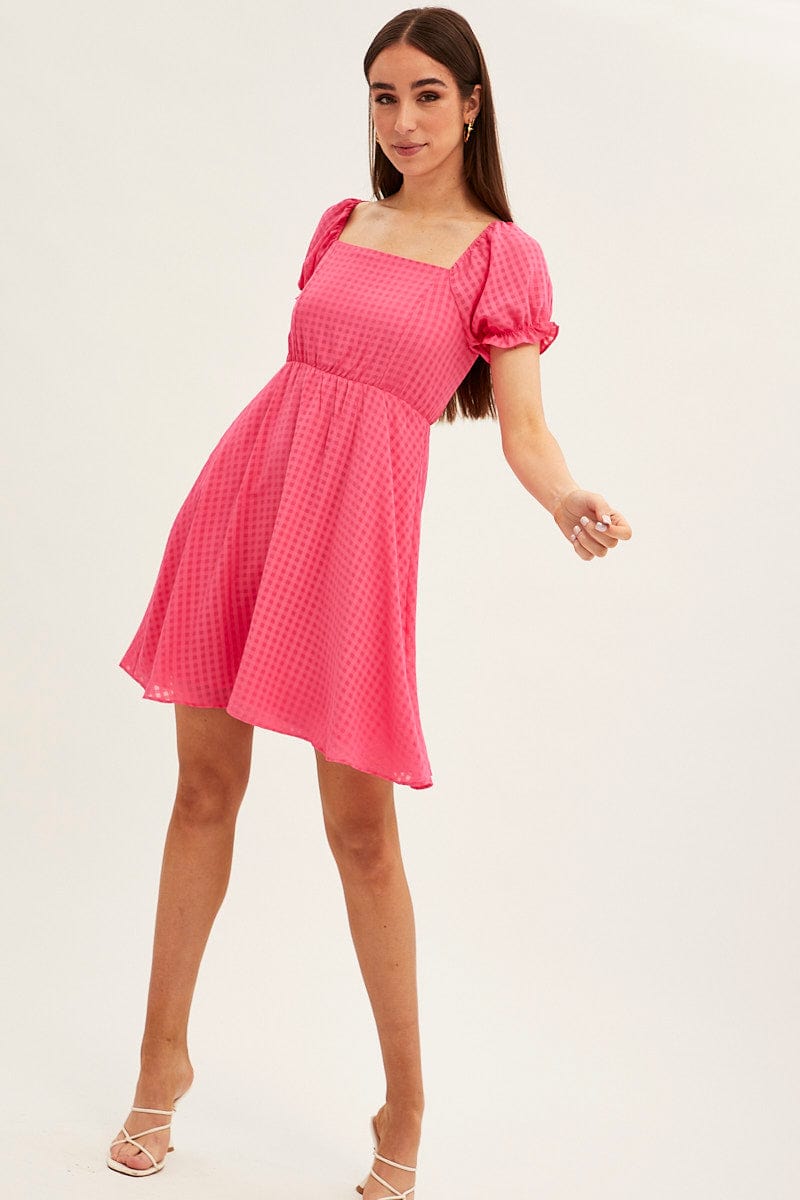 Pink Square Neck Puff Sleeve Skater Dress for Ally Fashion