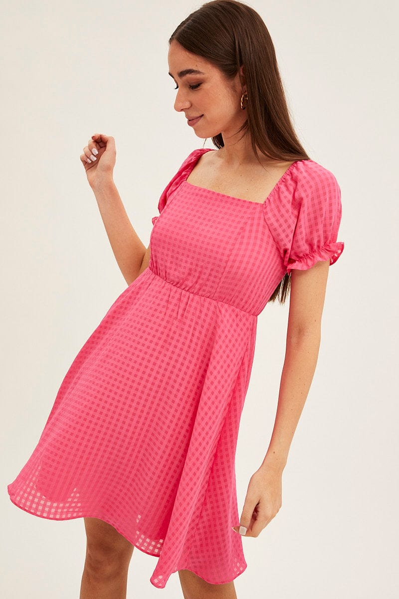 Pink Square Neck Puff Sleeve Skater Dress for Ally Fashion