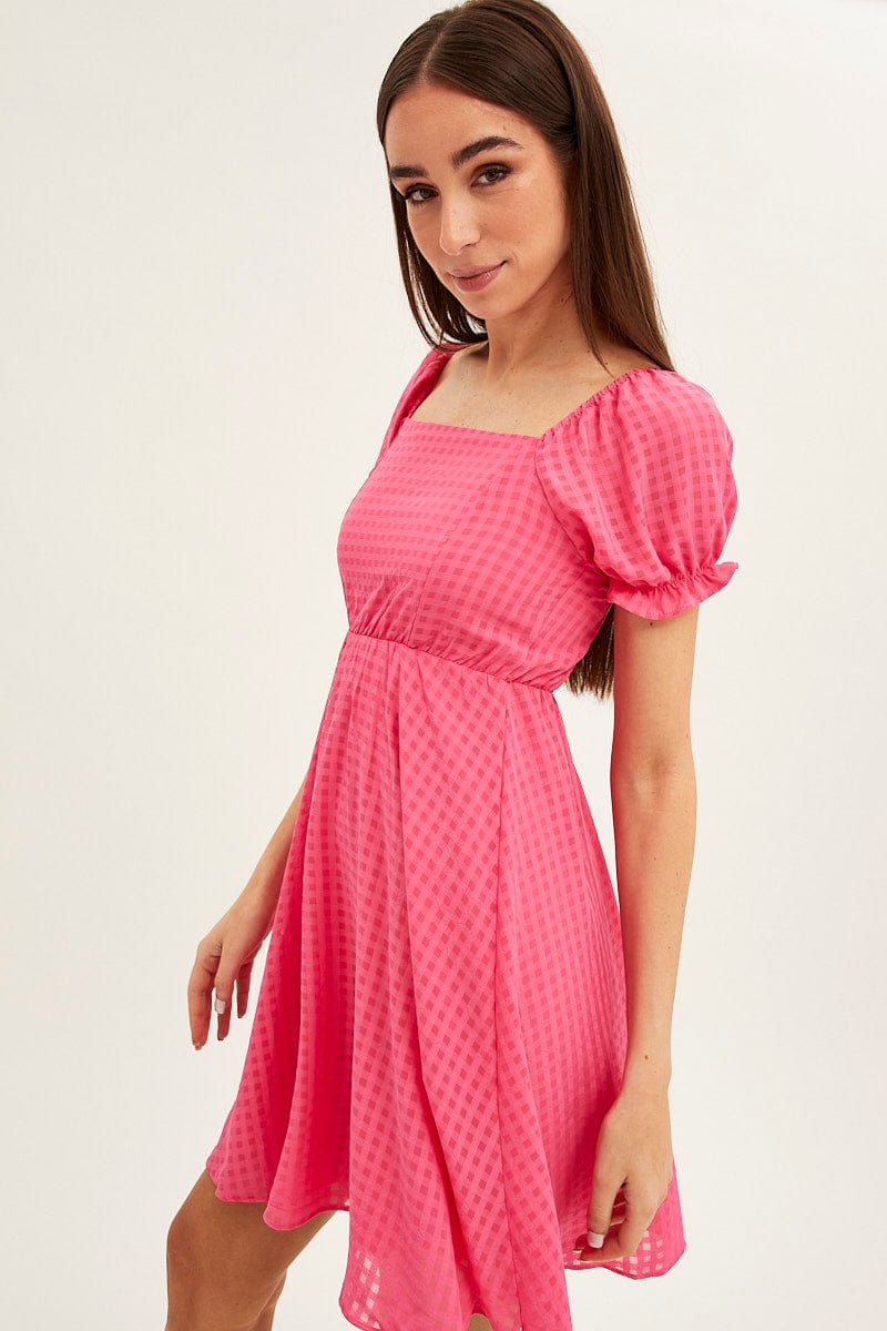 Pink Square Neck Puff Sleeve Skater Dress for Ally Fashion