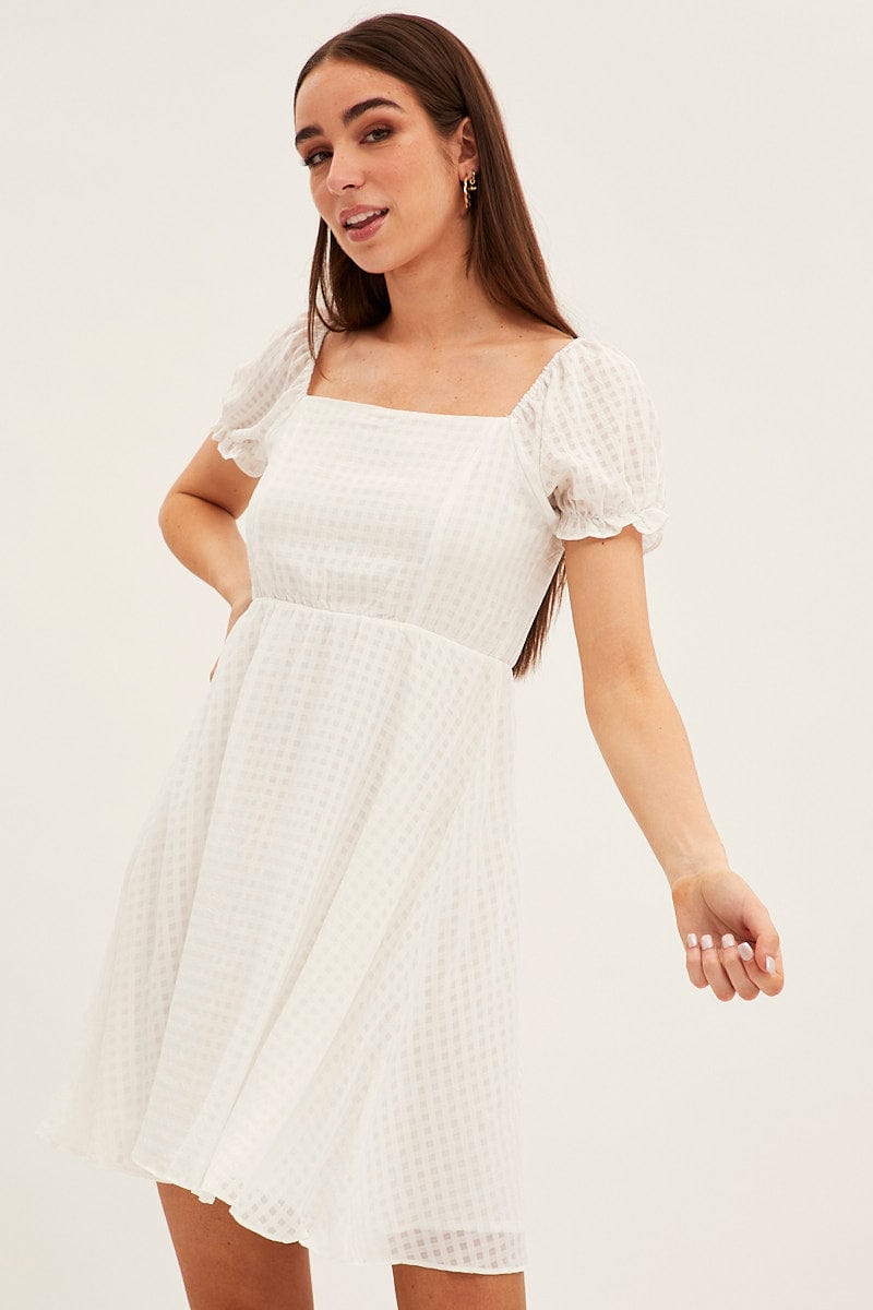 White Square Neck Puff Sleeve Skater Dress for Ally Fashion