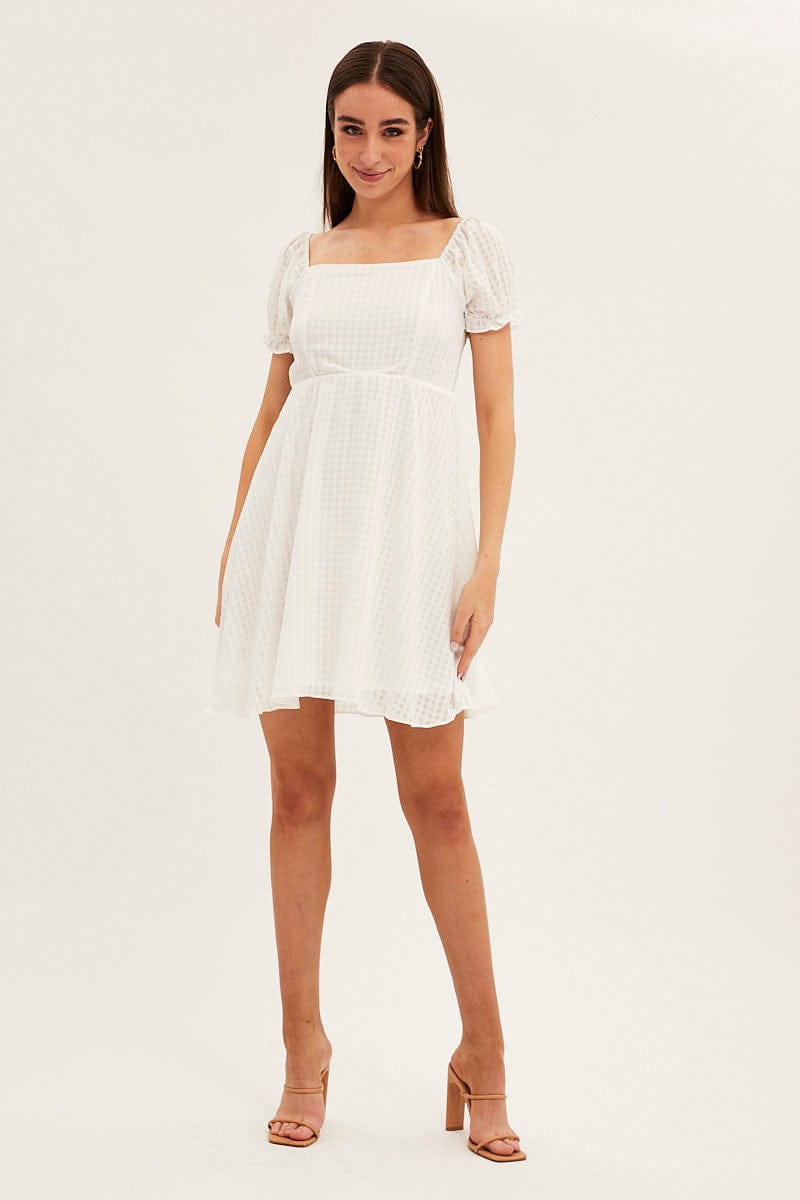 White Square Neck Puff Sleeve Skater Dress for Ally Fashion