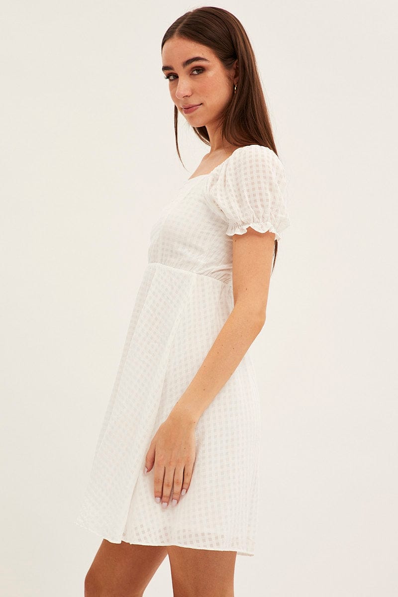 White Square Neck Puff Sleeve Skater Dress for Ally Fashion