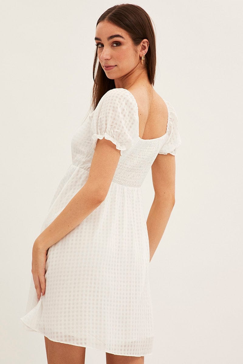 White Square Neck Puff Sleeve Skater Dress for Ally Fashion