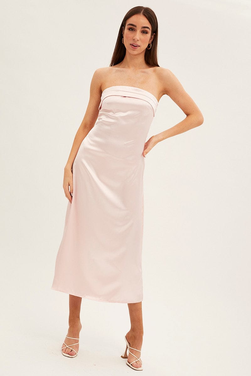 Pink Satin Straight Midi Dress for Ally Fashion