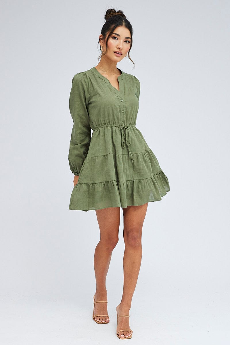 Green Shirt Dress Long Sleeve Tiered for Ally Fashion