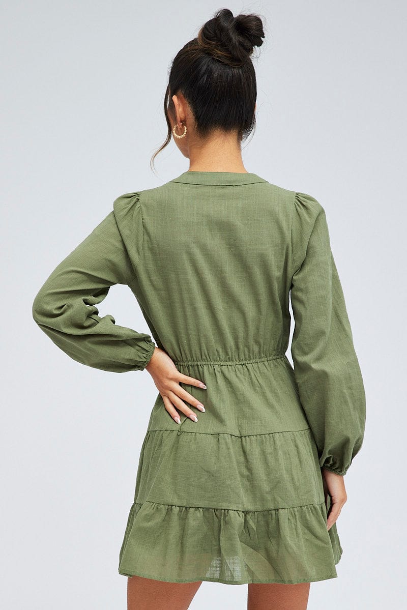 Green Shirt Dress Long Sleeve Tiered | Ally Fashion
