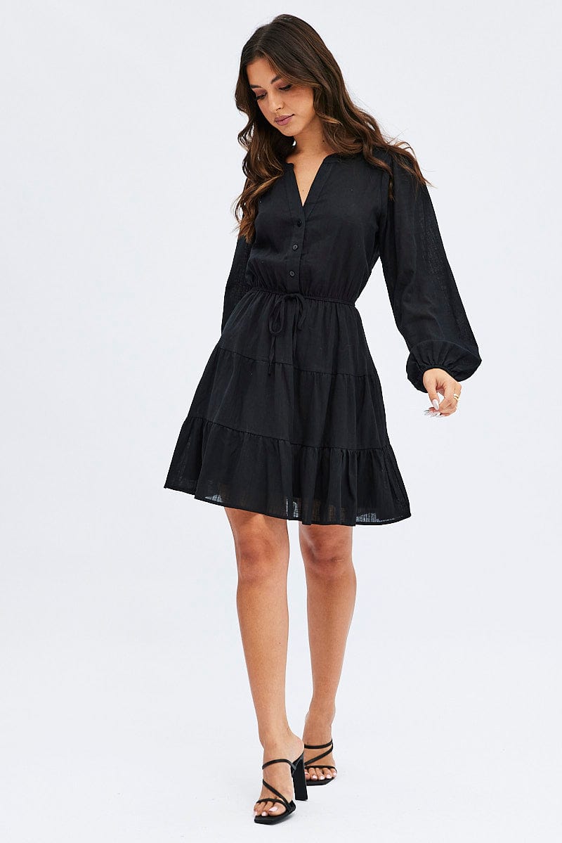 Black Shirt Dress Long Sleeve Tiered for Ally Fashion