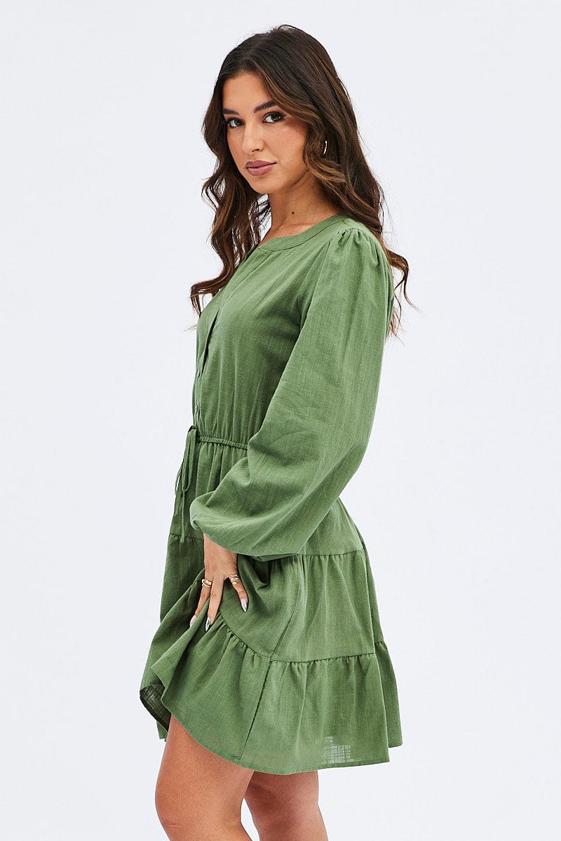 Green Shirt Dress Long Sleeve Tiered for Ally Fashion