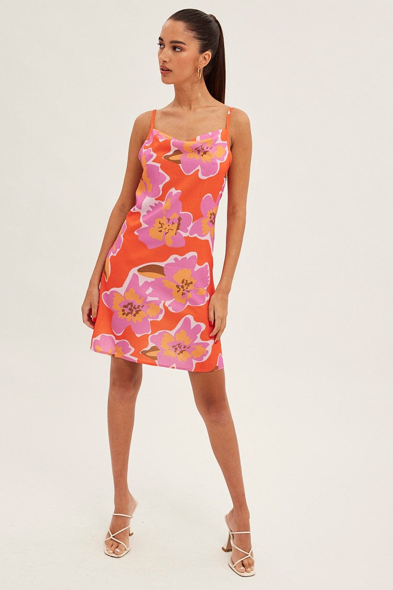 Orange Print Cowl Neck Mini Dress for Ally Fashion