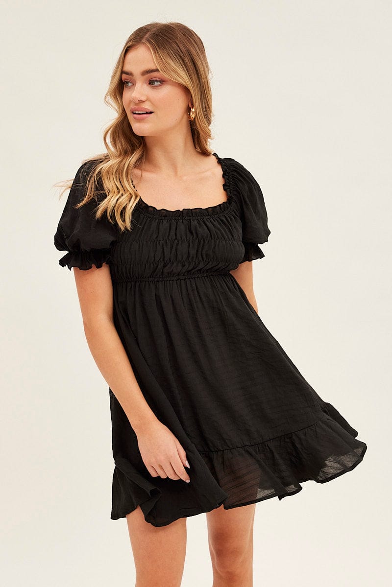 Black Gathered Bust Skater Dress for Ally Fashion